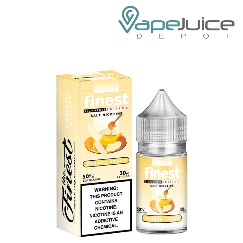 A box of Banana Honey Finest SaltNic Series with a warning sign and a 30ml bottle next to it - Vape Juice Depot