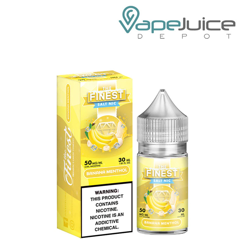 A box of Banana Menthol Finest SaltNic Series with a warning sign and a 30ml bottle next to it - Vape Juice Depot