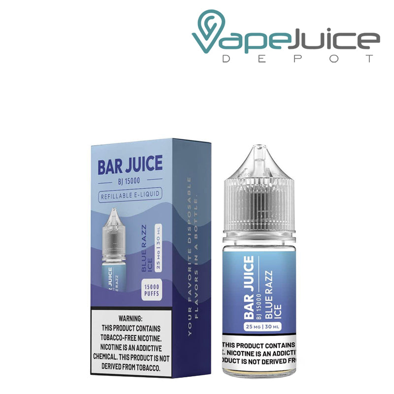 A box of Blue Razz Ice Bar Juice Salt with a warning sign and a 30ml bottle next to it - Vape Juice Depot