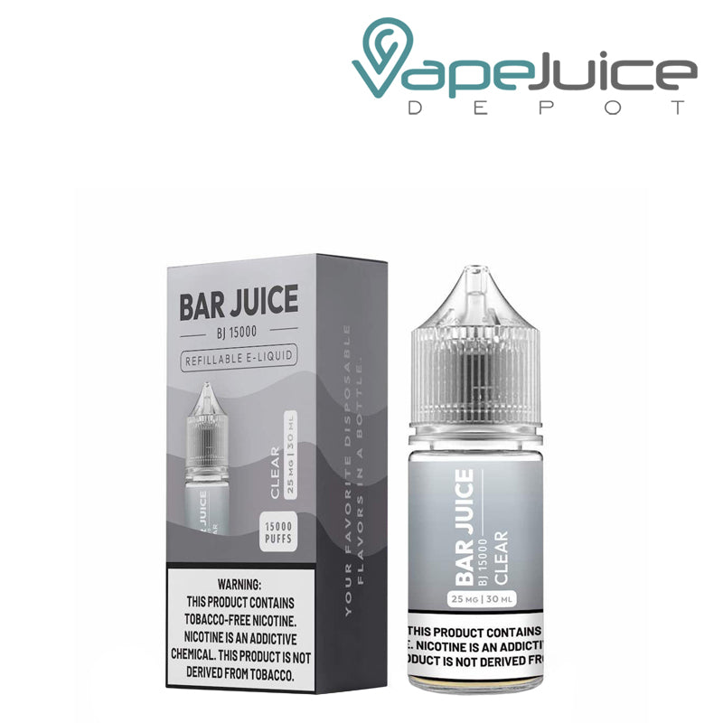 A box of Clear Bar Juice Salt with a warning sign and a 30ml bottle next to it - Vape Juice Depot