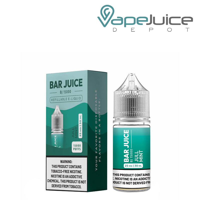 A box of Juul Mint Bar Juice Salt with a warning sign and a 30ml bottle next to it - Vape Juice Depot