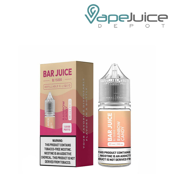 A box of Rainbow Candy Bar Juice Salt with a warning sign and a 30ml bottle next to it - Vape Juice Depot