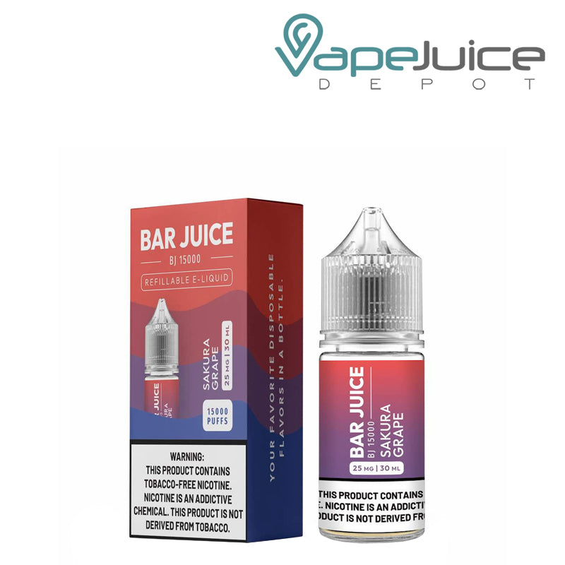 A box of Sakura Grape Bar Juice Salt with a warning sign and a 30ml bottle next to it - Vape Juice Depot