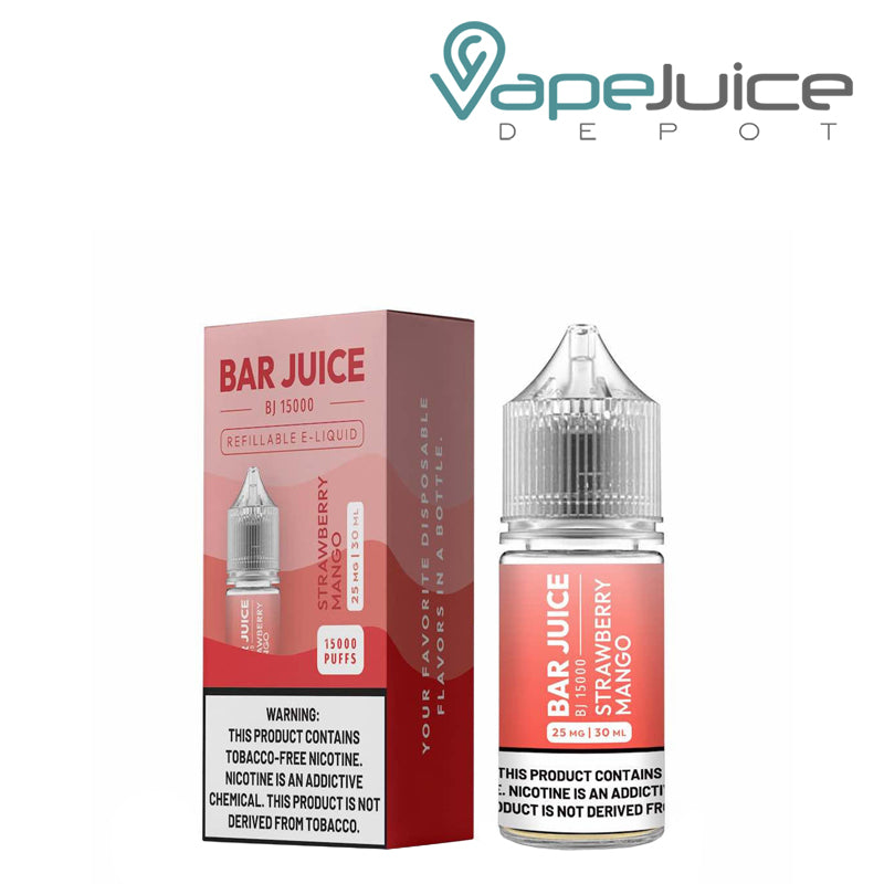 A box of Strawberry Mango Bar Juice Salt with a warning sign and a 30ml bottle next to it - Vape Juice Depot