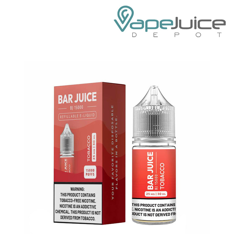 A box of Tobacco Bar Juice Salt with a warning sign and a 30ml bottle next to it - Vape Juice Depot