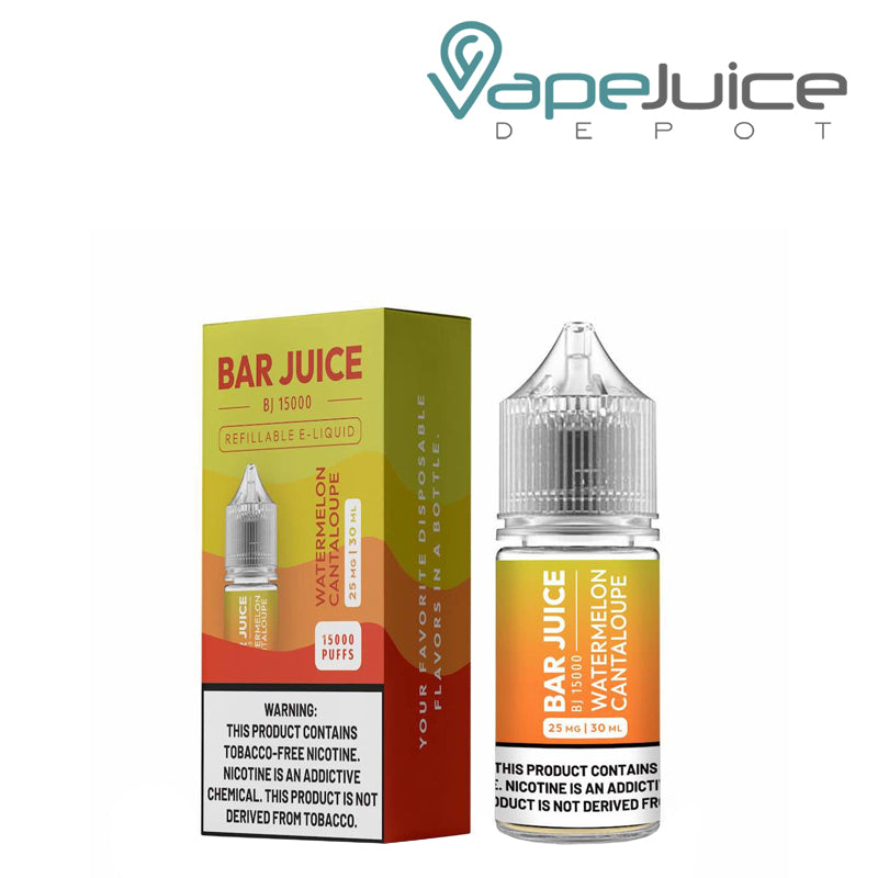 A box of Watermelon Cantaloupe Bar Juice Salt with a warning sign and a 30ml bottle next to it - Vape Juice Depot