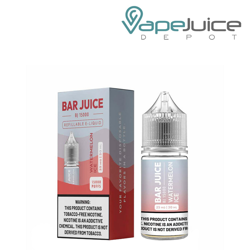 A box of Watermelon Ice Bar Juice Salt with a warning sign and a 30ml bottle next to it - Vape Juice Depot
