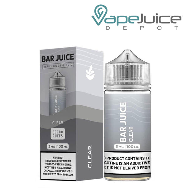A box of Clear Bar Juice with a warning sign and a 100ml bottle next to it- Vape Juice Depot
