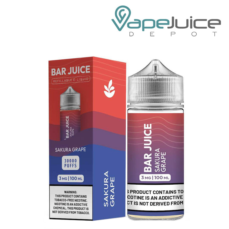 A box of Sakura Grape Bar Juice with a warning sign and a 100ml bottle next to it- Vape Juice Depot