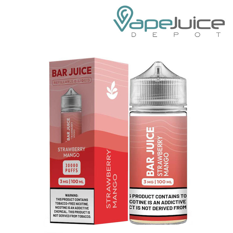 A box of Strawberry Mango Bar Juice with a warning sign and a 100ml bottle next to it- Vape Juice Depot