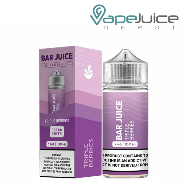 A box of Triple Berries Bar Juice with a warning sign and a 100ml bottle next to it - Vape Juice Depot
