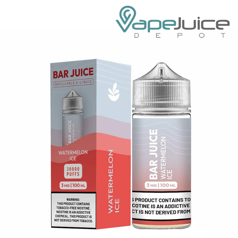 A box of Watermelon Ice Bar Juice with a warning sign and a 100ml bottle next to it - Vape Juice Depot