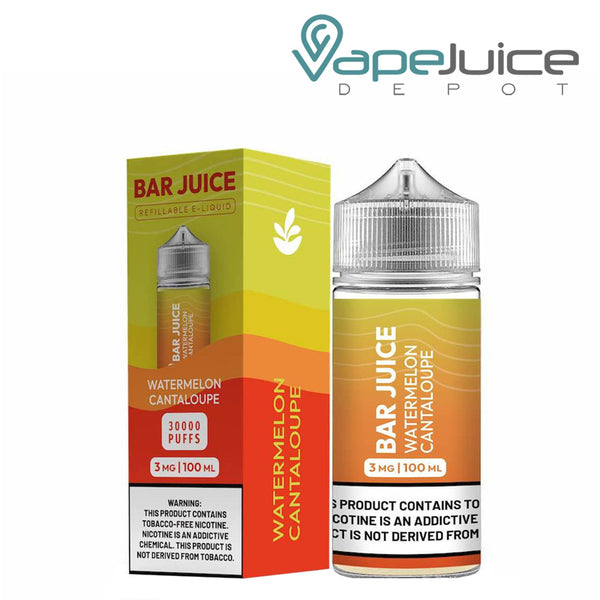 A box of Watermelon Cantaloupe Bar Juice with a warning sign and a 100ml bottle next to it- Vape Juice Depot