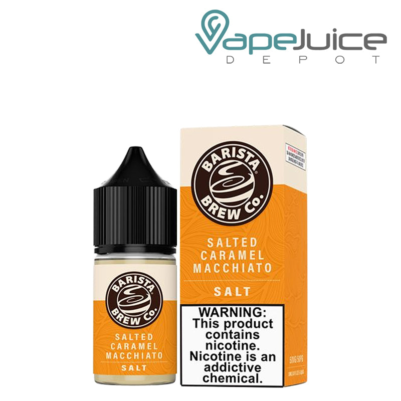 A 30ml bottle of Salted Caramel Macchiato Salts Barista Brew Co and a box with a warning sign next to it - Vape Juice Depot
