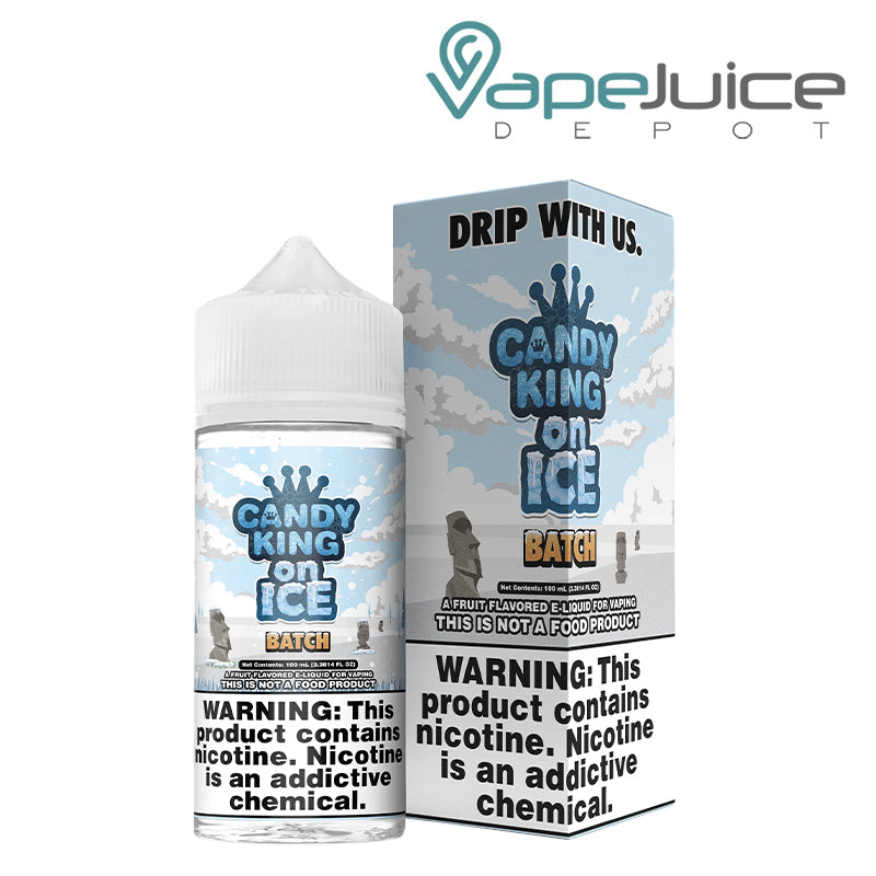 A 100ml bottle of Batch Candy King On Ice eLiquid and a box with a warning sign next to it - Vape Juice Depot