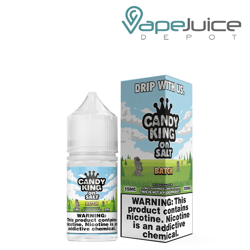 A 30ml bottle of Batch Candy King On Salt and a box with a warning sign next to it - Vape Juice Depot