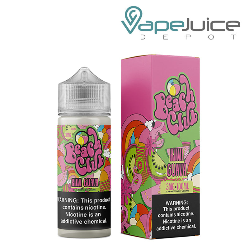 A 100ml bottle of Kiwi Guava Beach Club Vapors with a warning sign and a box next to it - Vape Juice Depot