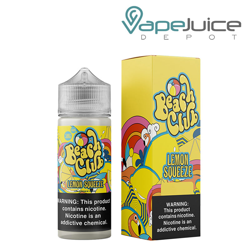 A 100ml bottle of Lemon Squeeze Beach Club Vapors with a warning sign and a box next to it - Vape Juice Depot