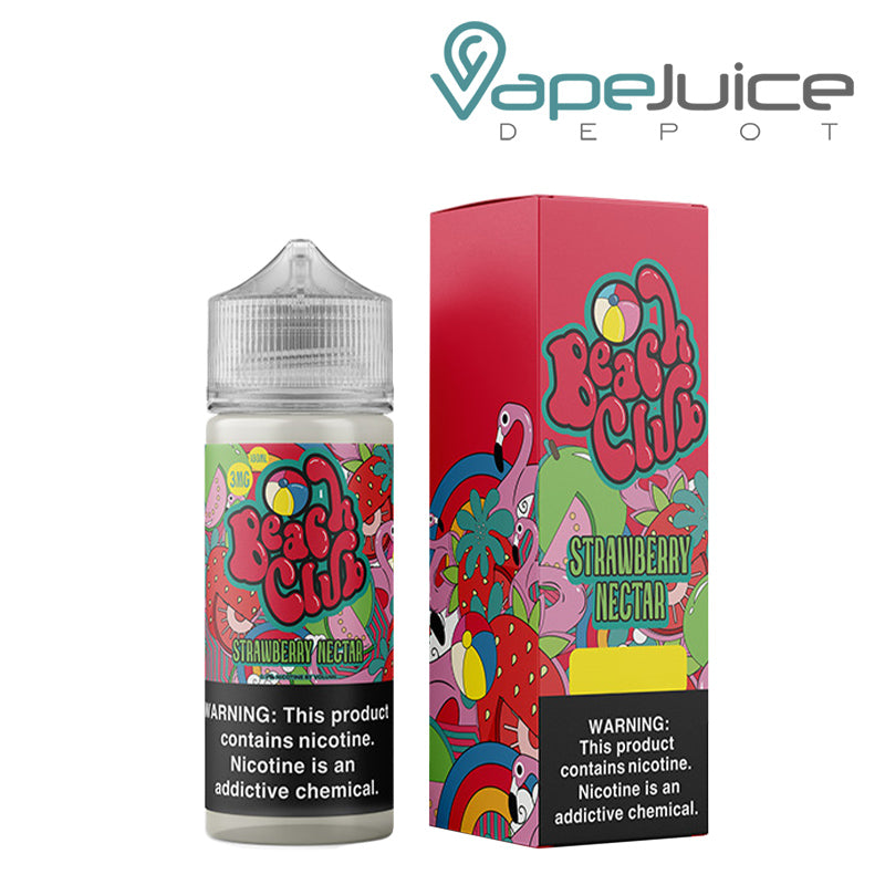 A 100ml bottle of Strawberry Nectar Beach Club Vapors with a warning sign and a box next to it - Vape Juice Depot