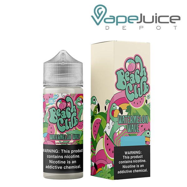 A 100ml bottle of Watermelon Wave Beach Club Vapors with a warning sign and a box next to it - Vape Juice Depot