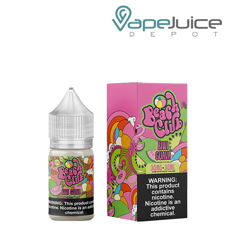 A 30ml bottle of Kiwi Guava Beach Club Salts with a warning sign and a box next to it - Vape Juice Depot
