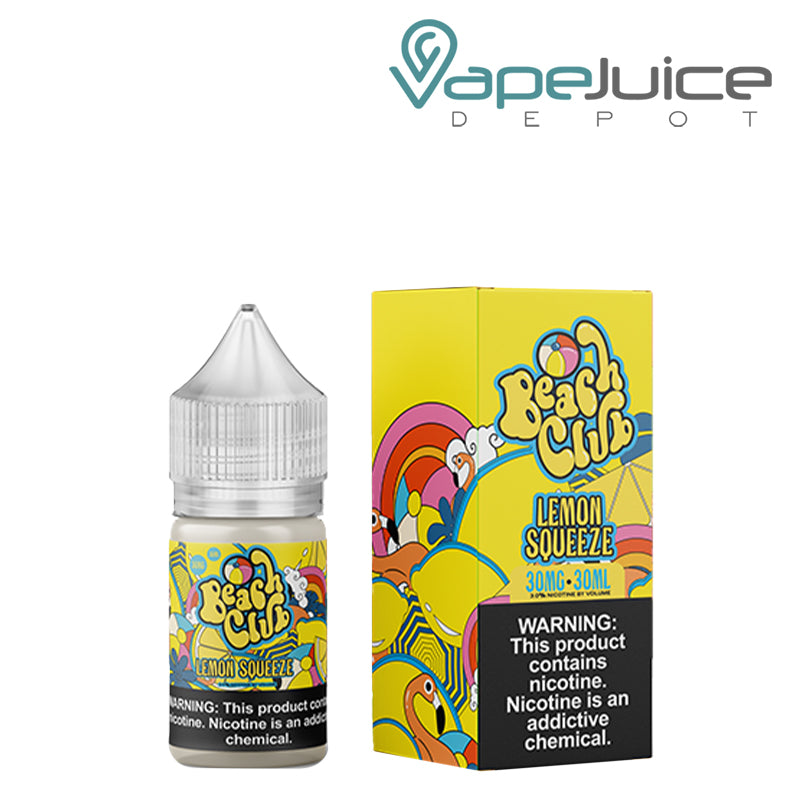 A 30ml bottle of Lemon Squeeze Beach Club Salts with a warning sign and a box next to it - Vape Juice Depot