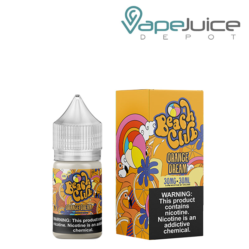 A 30ml bottle of Orange Dream Beach Club Salts with a warning sign and a box next to it - Vape Juice Depot