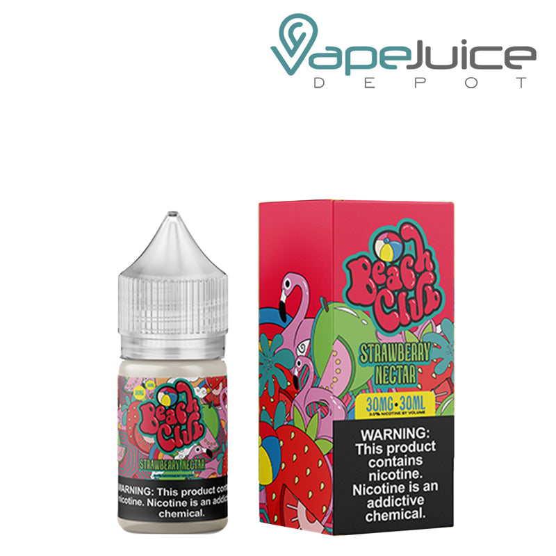 A 30ml bottle of Strawberry Nectar Beach Club Salts with a warning sign and a box next to it - Vape Juice Depot