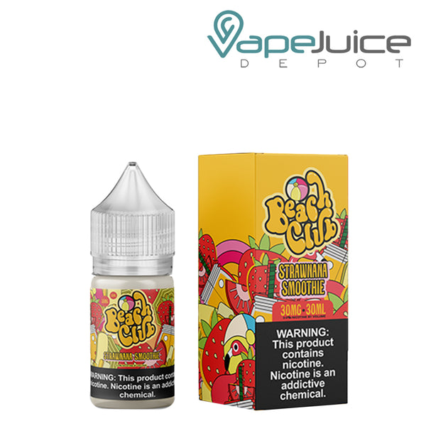 A 30ml bottle of Strawnana Smoothie Beach Club Salts with a warning sign and a box next to it - Vape Juice Depot