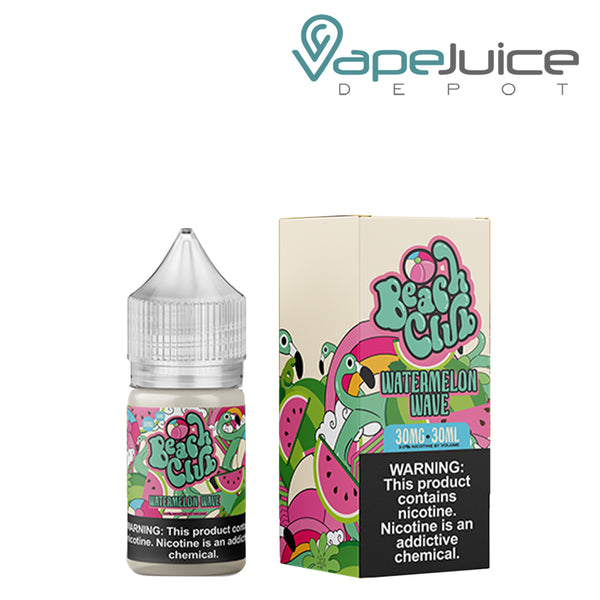 A 30ml bottle of Watermelon Wave Beach Club Salts with a warning sign and a box next to it - Vape Juice Depot