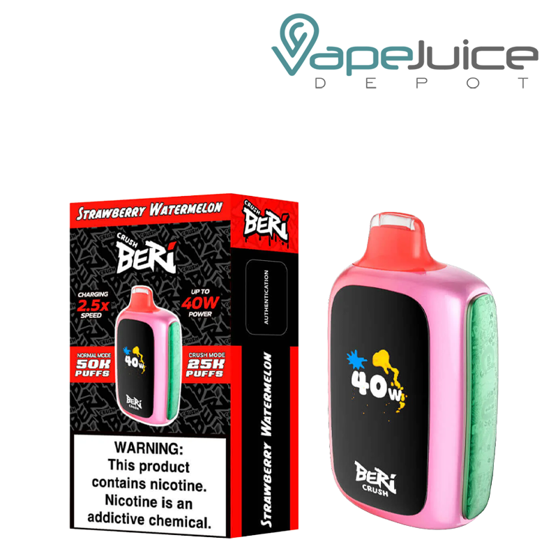 A Box of Strawberry Watermelon Beri Crush 50K Disposable with a warning sign and a device with HD screen next to it - Vape Juice Depot