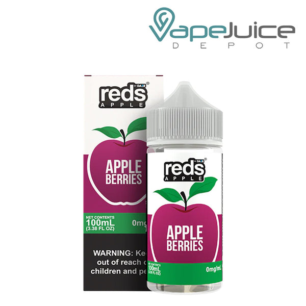 A box of Berries 7Daze Reds Apple eJuice 100ml with a warning sign and a 100ml bottle next to it - Vape Juice Depot