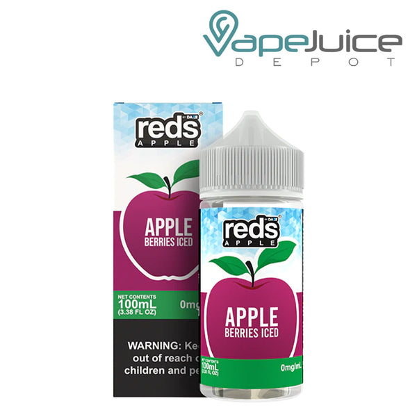 A box of Berries Iced 7Daze Reds Apple eJuice 100ml with a warning sign and a 100ml bottle next to it - Vape Juice Depot