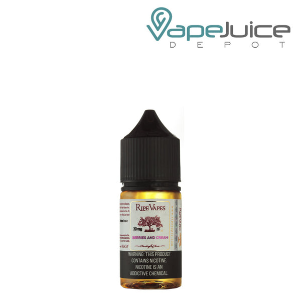 A 30ml bottle of Berries and Cream Saltz Ripe Vapes with a warning sign - Vape Juice Depot