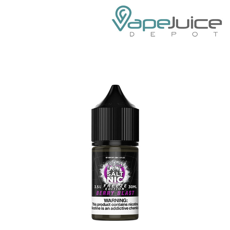 A 30ml bottle of Berry Blast Ruthless Freeze Salt with a warning sign - Vape Juice Depot