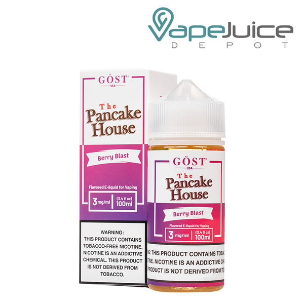 A box of Berry Blast The Pancake House with a warning sign and a 100ml bottle with a warning sign next to it - Vape Juice Depot