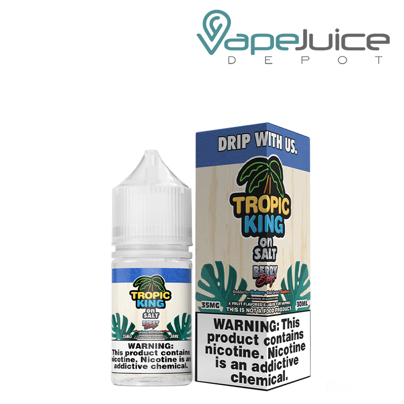 A 30ml bottle of Berry Breeze Tropic King On Salt and a box with a warning sign next to it - Vape Juice Depot