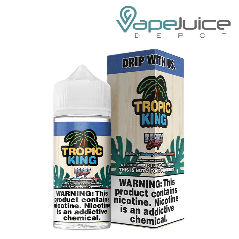 A 100ml bottle of Berry Breeze Tropic King eLiquid and a box with a warning sign next to it - Vape Juice Depot