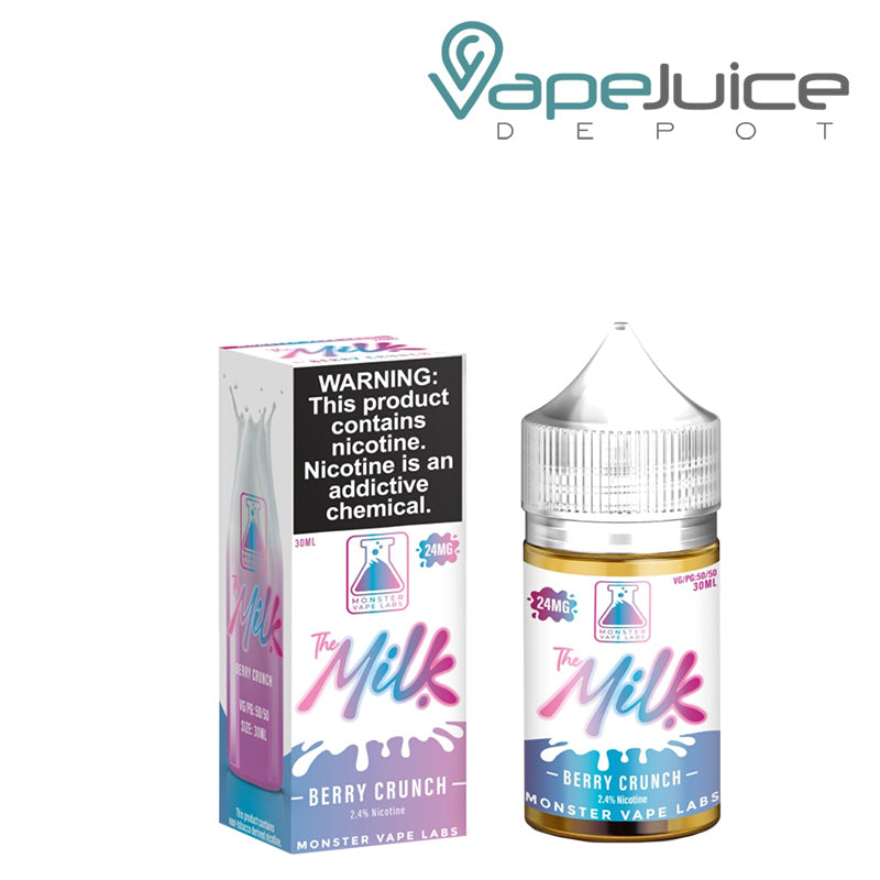 A box of Berry Crunch The Milk TFN Salt eLiquid with a warning sign and a 30ml bottle next to it - Vape Juice Depot