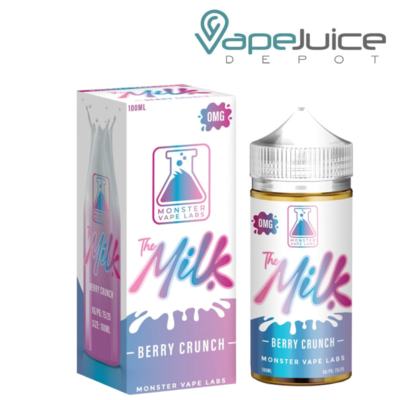 A box of Berry Crunch The Milk TFN eLiquid and a 100ml bottle next to it - Vape Juice Depot
