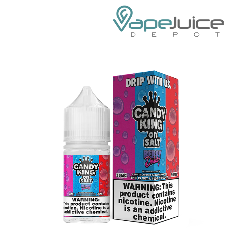 A 30ml bottle of Berry Dweebs Candy King On Salt and a box with a warning sign next to it - Vape Juice Depot