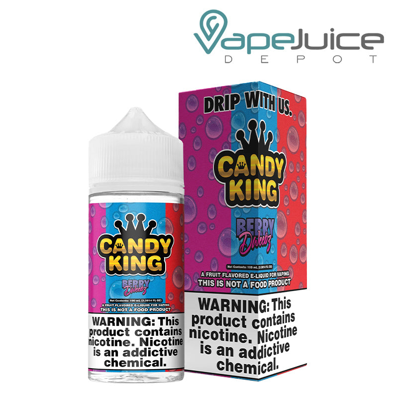 A 100ml bottle of Berry Dweebz Candy King eLiquid and a box with a warning sign next to it - Vape Juice Depot