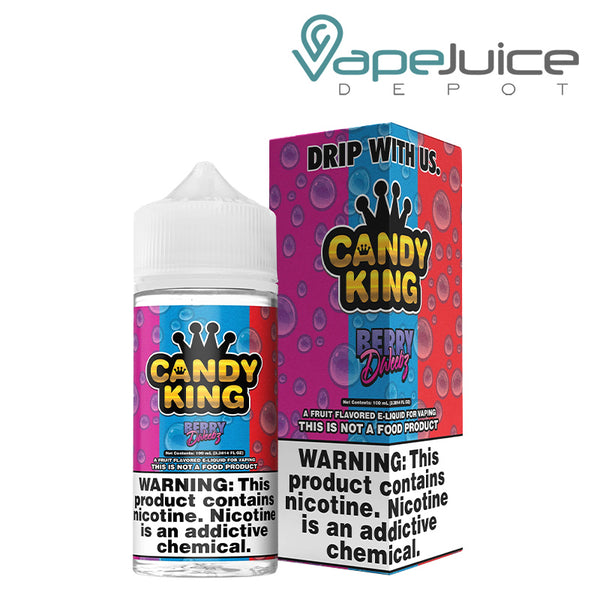 A 100ml bottle of Berry Dweebz Candy King eLiquid and a box with a warning sign next to it - Vape Juice Depot