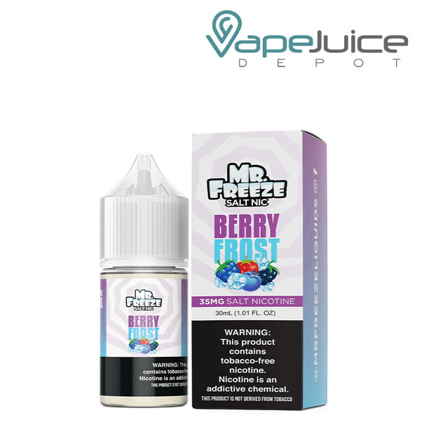 A 30ml bottle of Berry Frost Mr Freeze Salt Nic and a box with a warning sign next to it - Vape Juice Depot