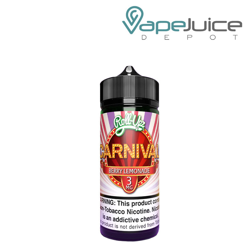 A 100ml bottle of Berry Lemonade Carnival Roll Upz with a warning sign - Vape Juice Depot