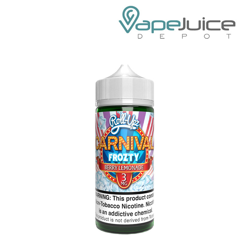 A 100ml bottle of Berry Lemonade Frozty Carnival Roll Upz with a warning sign - Vape Juice Depot