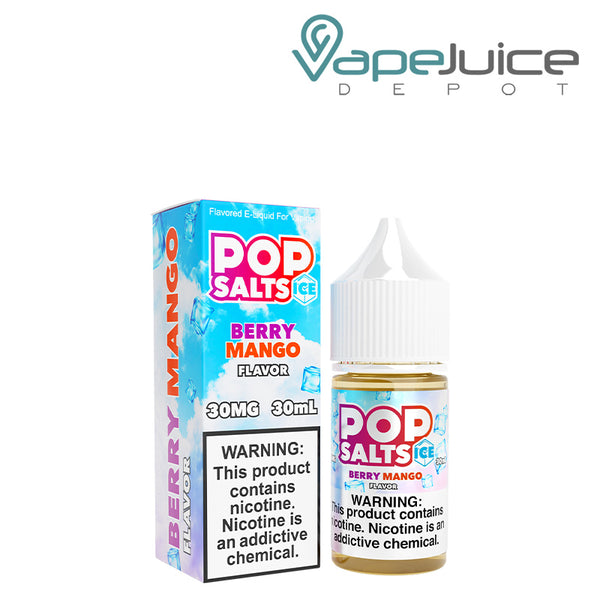 A box of Berry Mango Ice Pop Salts 30ml and a bottle with a warning sign next to it - Vape Juice Depot