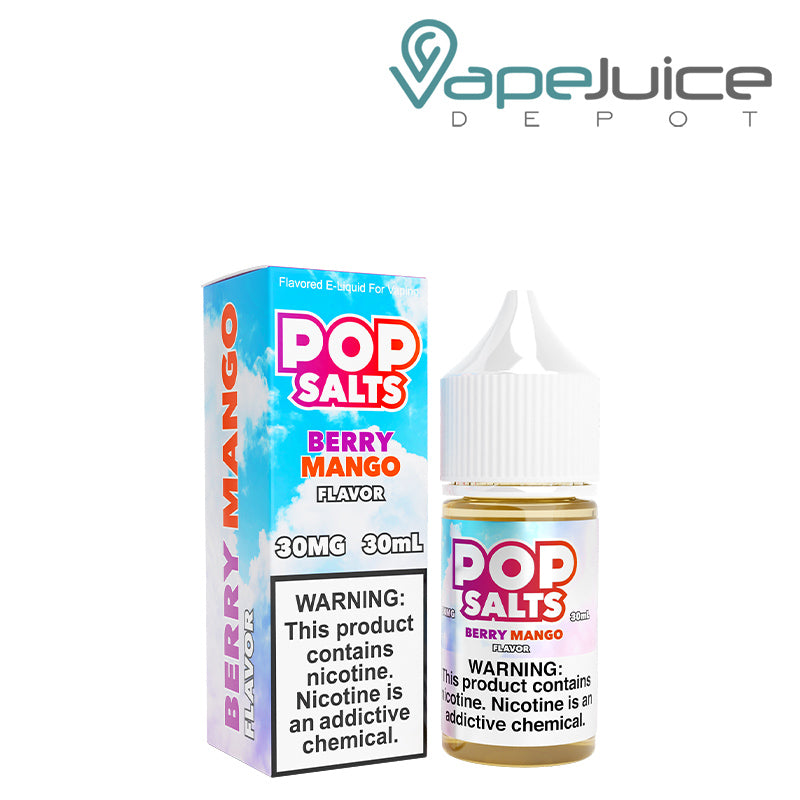 A box of Berry Mango Pop Salts 30ml with a warning sign and a bottle next to it - Vape Juice Depot