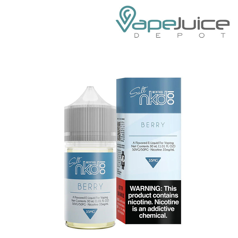 A 30ml bottle of Berry Naked 100 Salt eLiquid and a box with a warning sign next to it - Vape Juice Depot