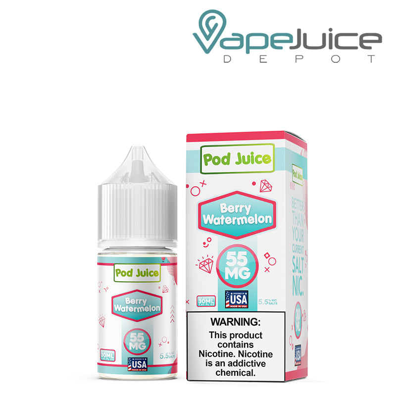 A 30ml bottle of Berry Watermelon Pod Juice TFN Salt and a box with a warning sign next to it - Vape Juice Depot